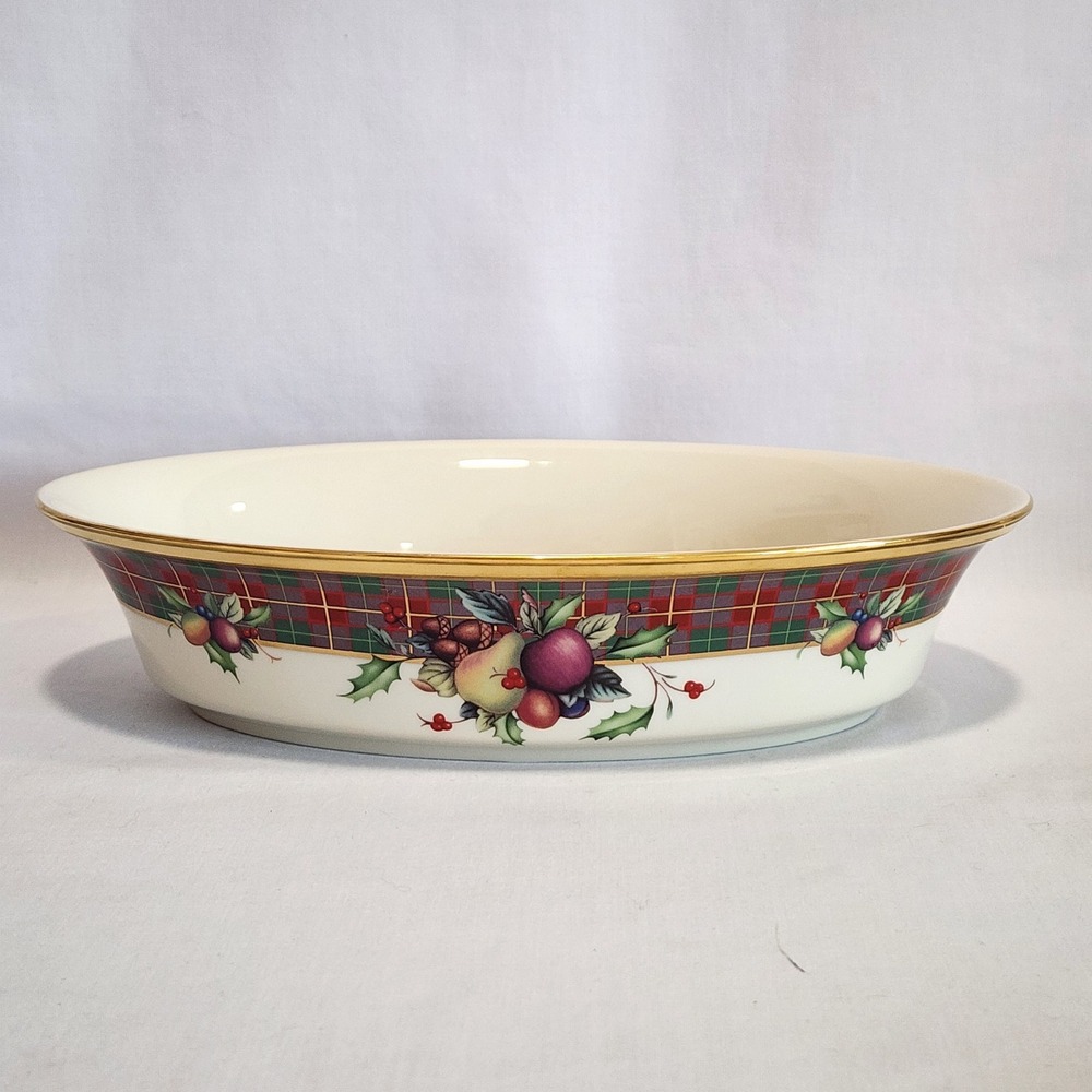 Lenox Holiday Tartan Oval Vegetable Bowl 10.5" Gold Trim Parian China Made USA